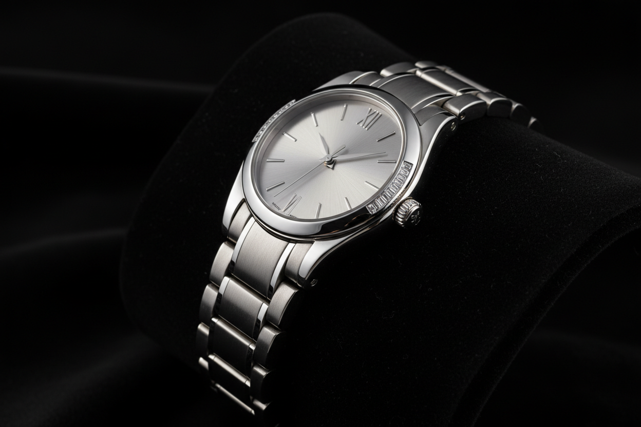 Relógio de luxo prateado em fundo preto